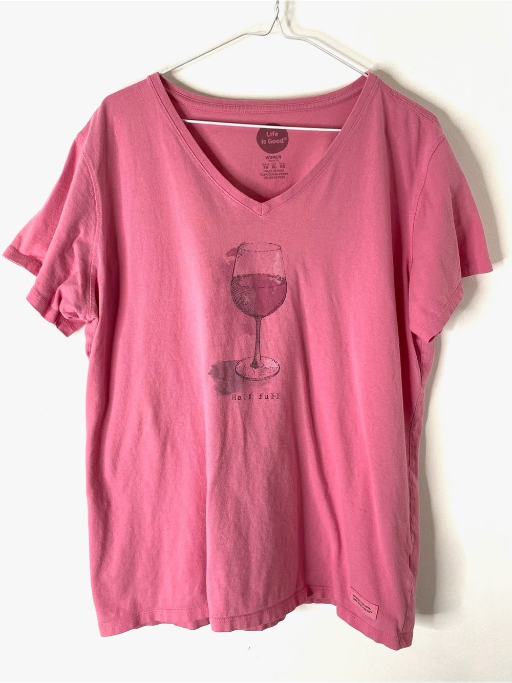 Life Is Good Pink Half Full Wine Graphic V Neck Tee Classic Fit 100% Cotton